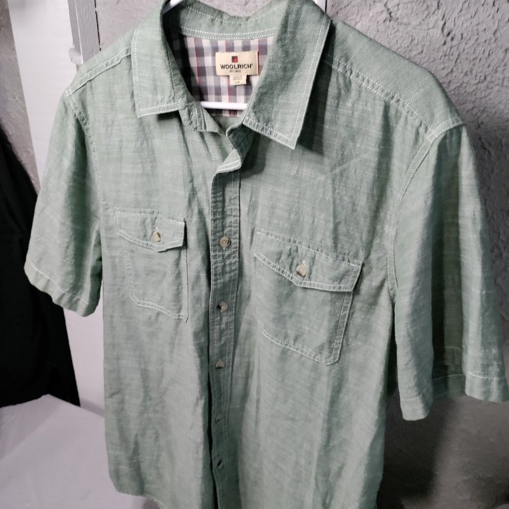 Woolrich Short Sleeve Button Down Shirt Green Men's Size L